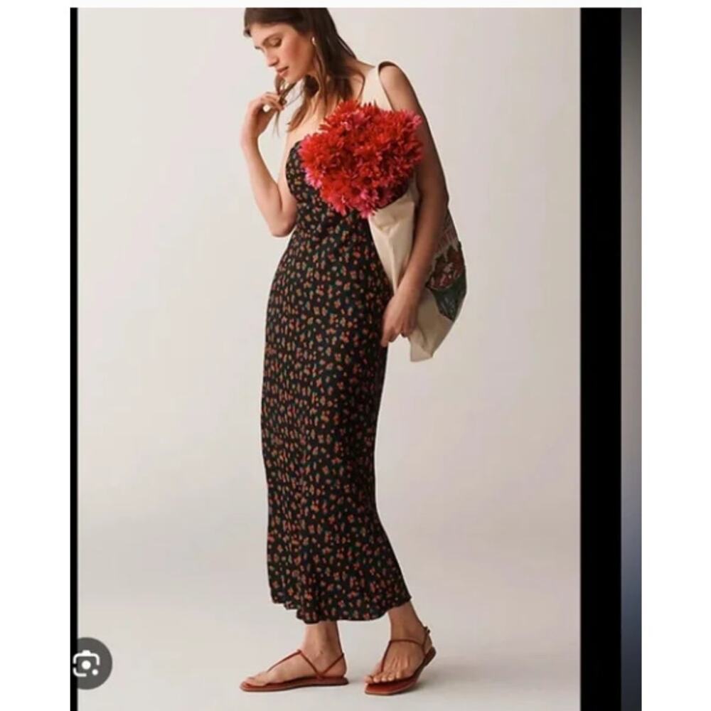 Anthropologie Black Midi Slip Dress with Red Floral Motif